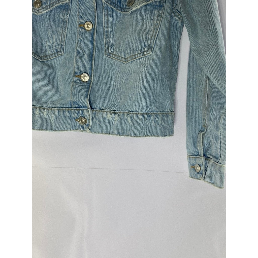 ZARA Girl's Light Blue Denim Basic Button-Up Distressed Jacket SZ 11/12