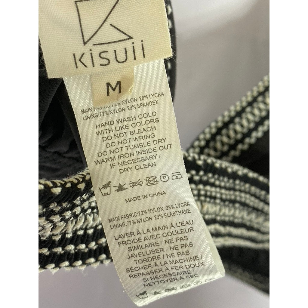 KISUII Women’s Black-White Overstitch V-Neck Pullover Bikini Top SZ M