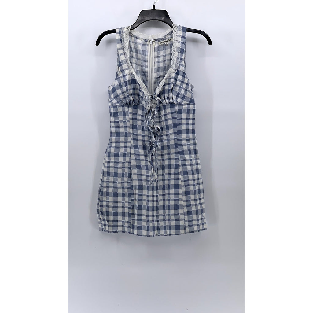 REFORMATION Women's Blue-White Checkered Reia Linen Mini Bodycon Dress SZ 0