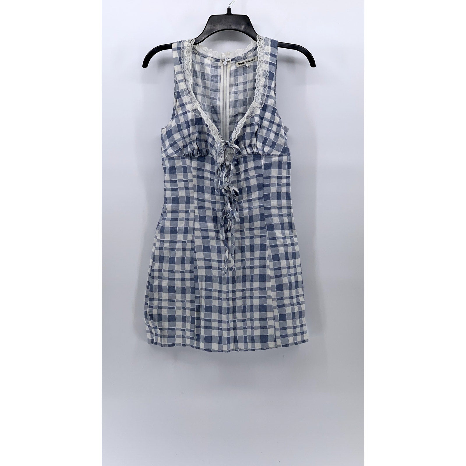 REFORMATION Women's Blue-White Checkered Reia Linen Mini Bodycon Dress SZ 0