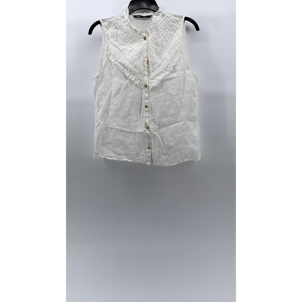 ZARA Women’s White Pleated Lace-Trim High-Neck Button-Up Top SZ M