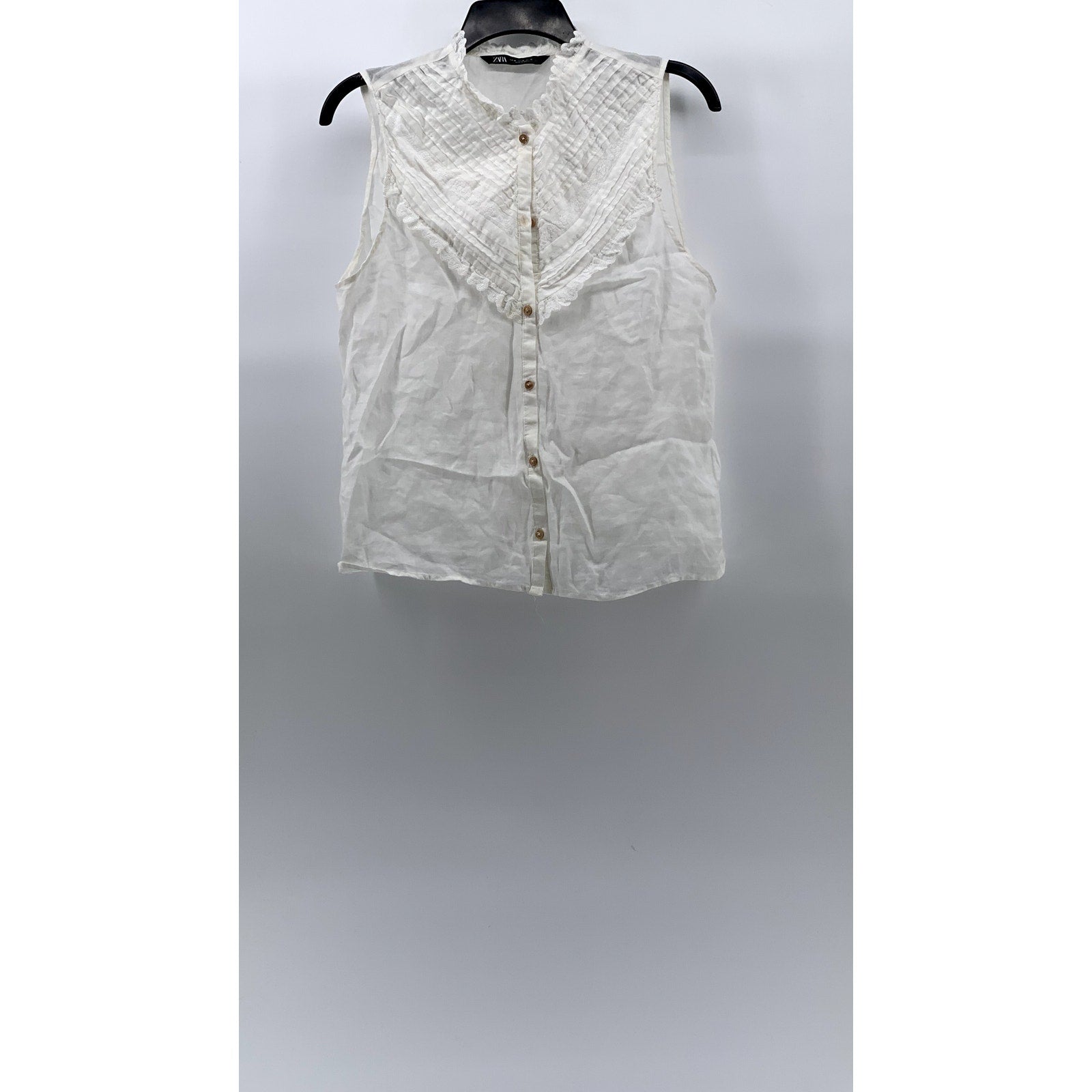 ZARA Women’s White Pleated Lace-Trim High-Neck Button-Up Top SZ M
