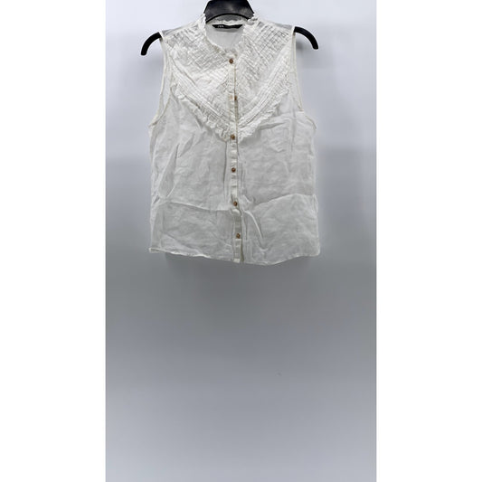 ZARA Women’s White Pleated Lace-Trim High-Neck Button-Up Top SZ M