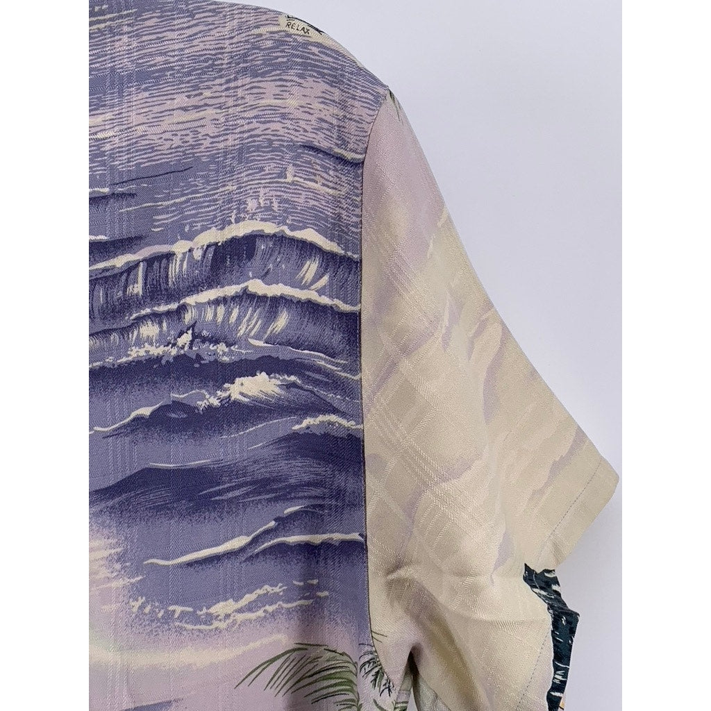 TOMMY BAHAMA Women's Blue Vintage Tropical Button-Up Silk Top SZ L
