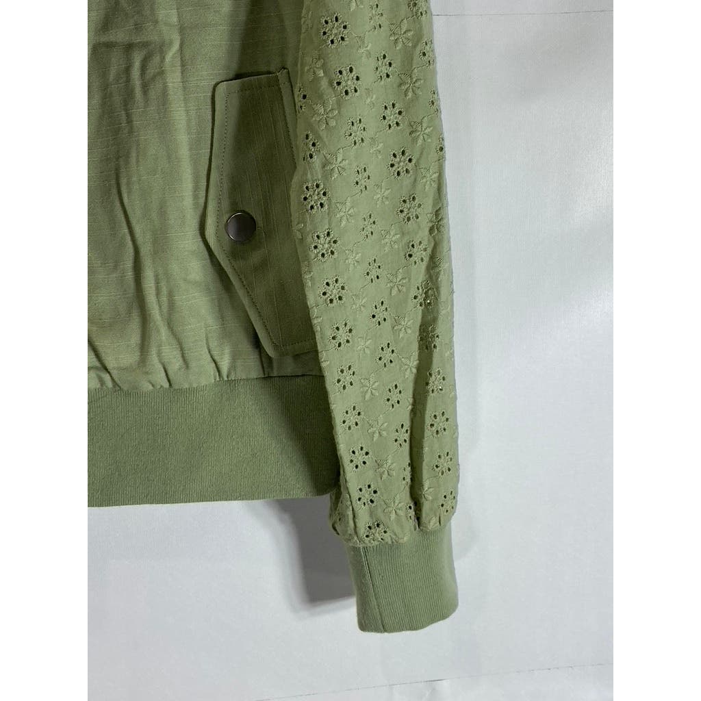 7 FOR ALL MANKIND Women's Green Zip-Up Eyelet Long Sleeve Bomber Jacket SZ XS