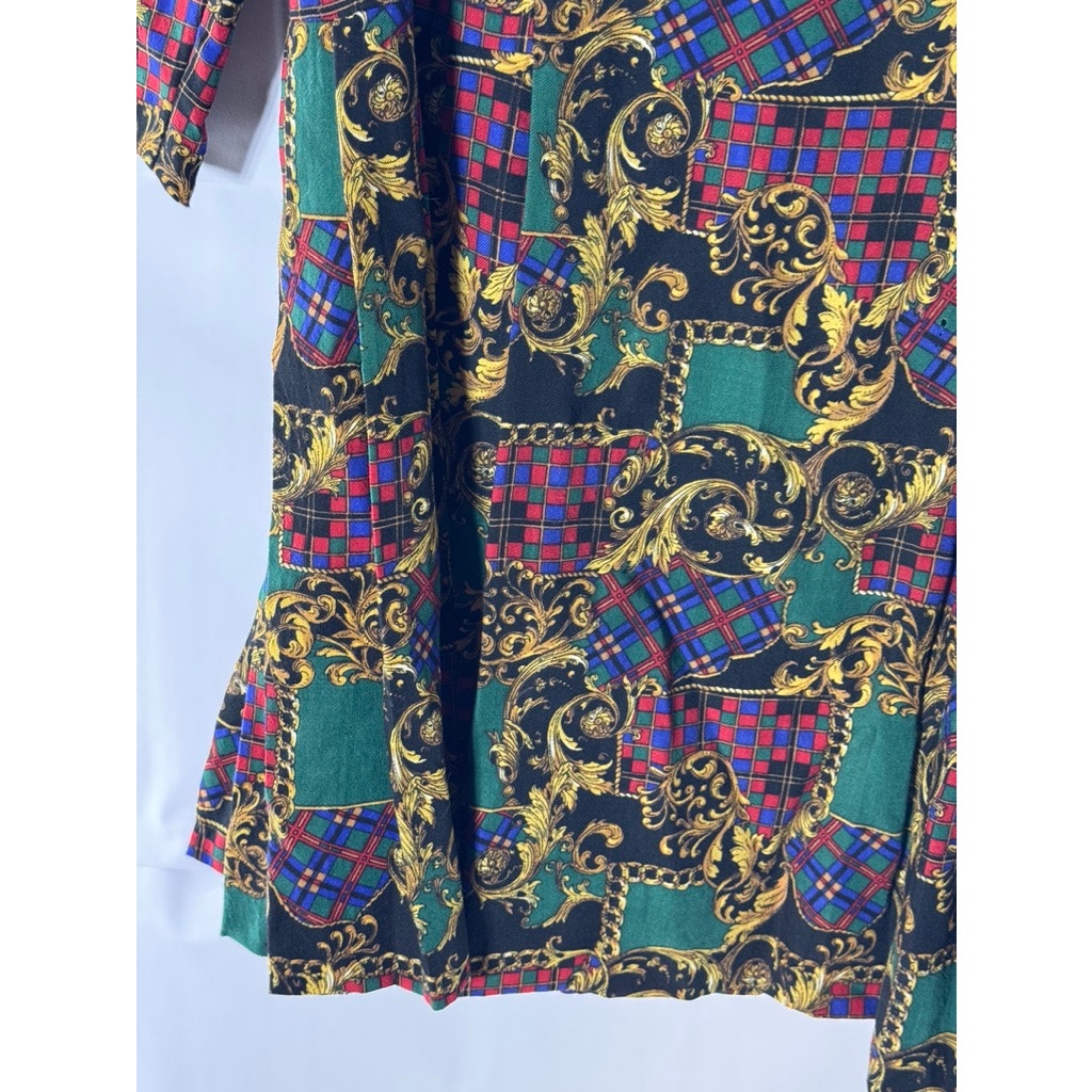 Women's Green/Tan Printed Wool Tie-Neck Long-Sleeve Fit & Flare Dress SZ M