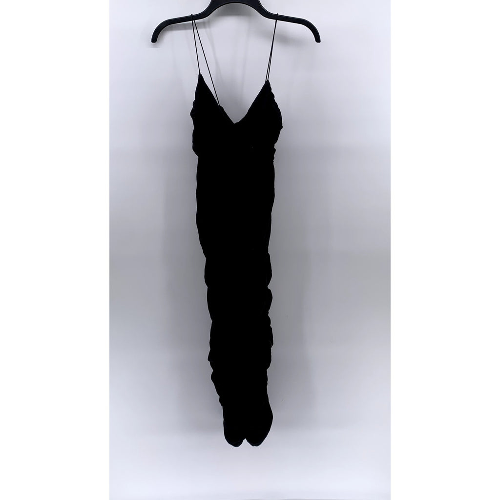ASOS Women's Black Ruched V-Neck Spaghetti Strap Bodycon Midi Dress SZ 6