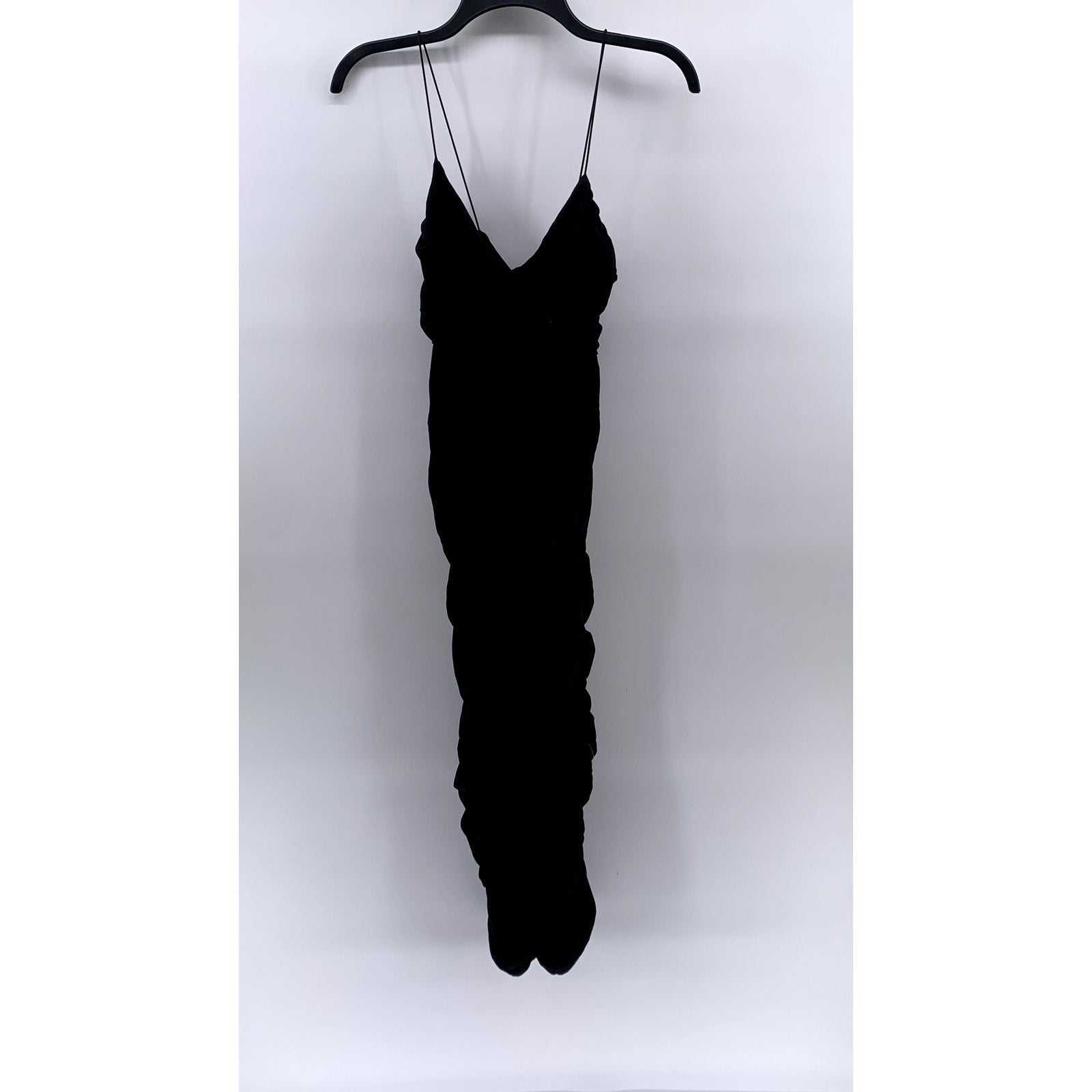 ASOS Women's Black Ruched V-Neck Spaghetti Strap Bodycon Midi Dress SZ 6