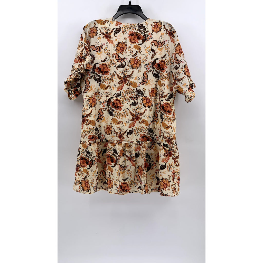 FOREVER 21 Women's Cream-Orange Floral Short Sleeve V-Neck Mini Dress SZ S