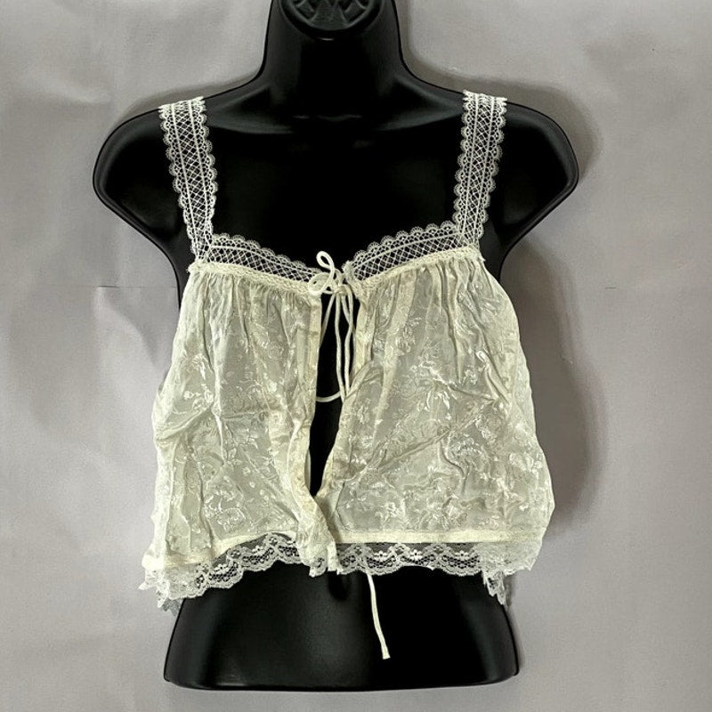 FOR LOVE AND LEMONS Women's Cream Elise Lace-Trim Floral Satin Tie-Front Top SZS