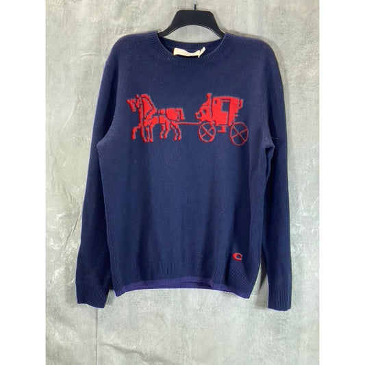 COACH Men's Navy/Orange Horse Carriage Crewneck Wool Pullover Sweater SZ M