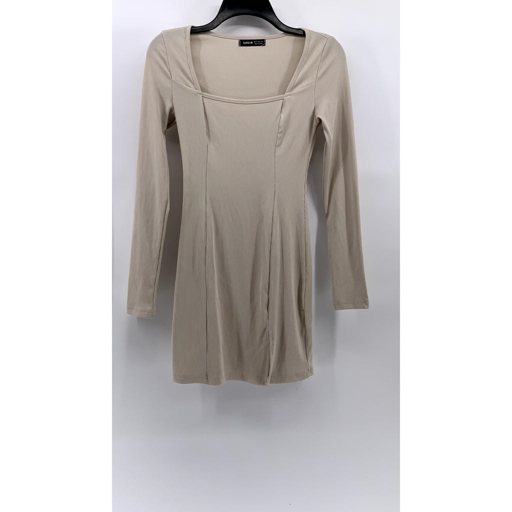 SHEIN Women's Beige Ribbed Square-Neck Slit Bodycon Dress SZ S