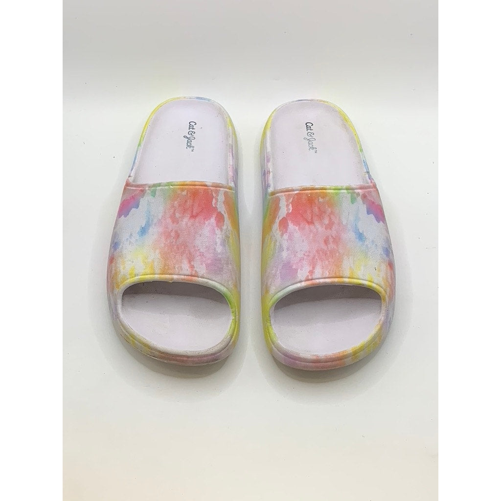 CAT & JACK Girls' White-Multi Tie Dye Slides SZ 2