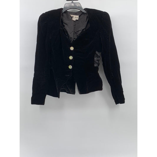 ZUM ZUM Women's Vintage Black Velvet V-Neck Button-Up Lace-Side Blazer SZ  7