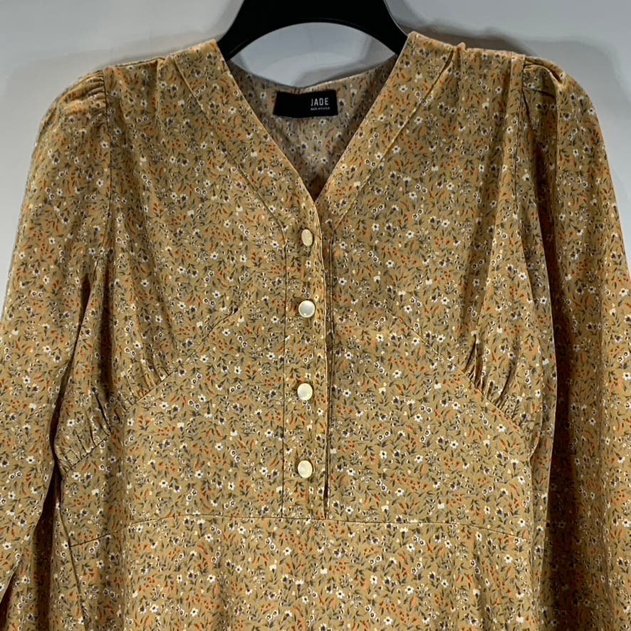 JADE Women's Floral Brown Vintage Inspired Long Sleeve Secretary Dress SZ M