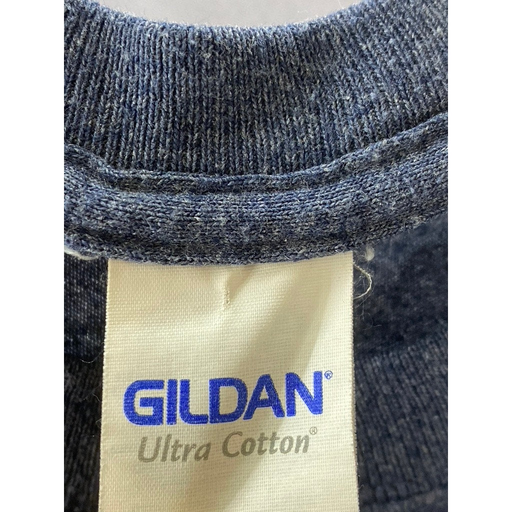 GILDAN Men's Blue Custom Words Fail Music Speaks Graphic Crewneck T-Shirt SZ M