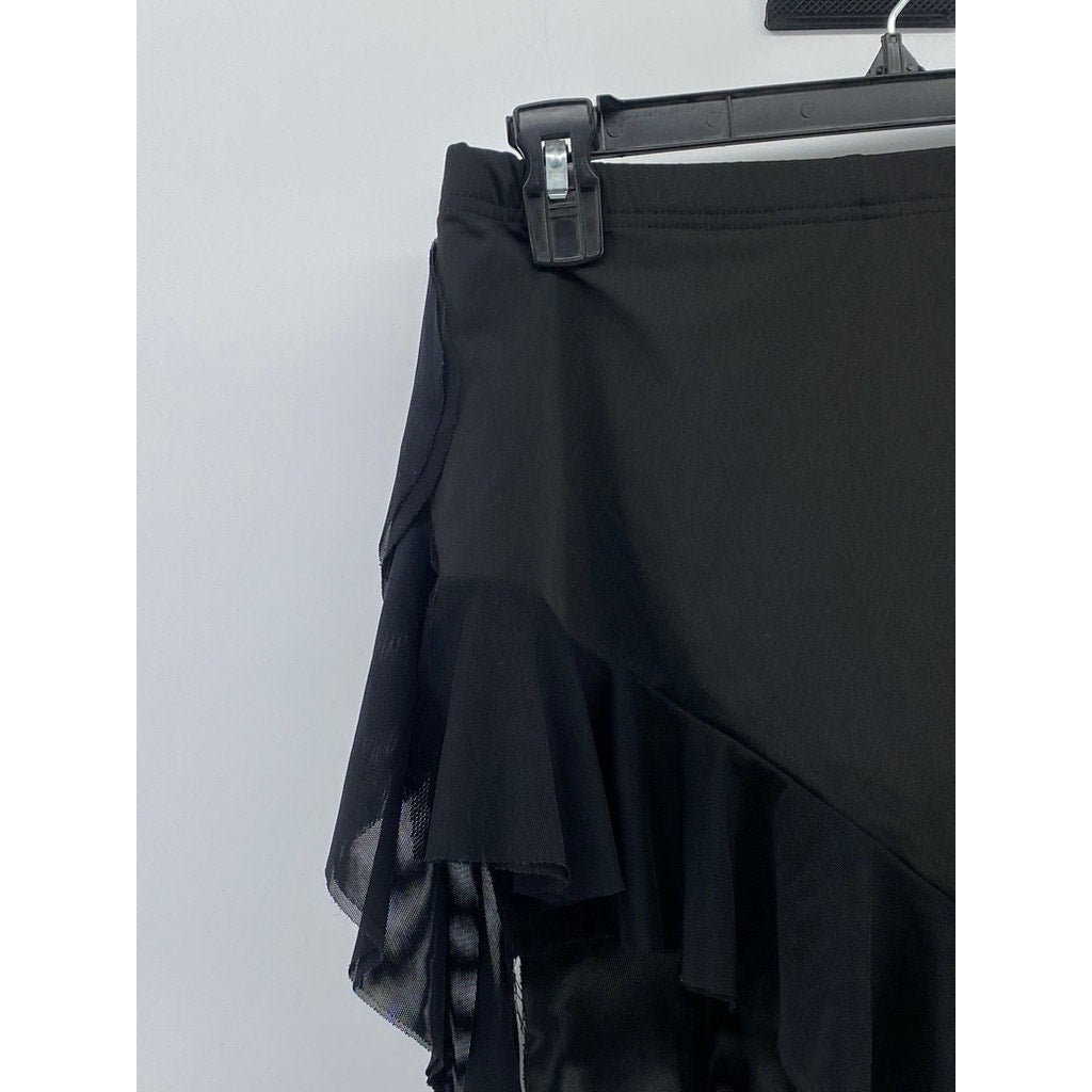 UNBRANDED Women's Black Asymmetrical Mesh Ruffle Hem Pull-On Mini Skirt SZ XS