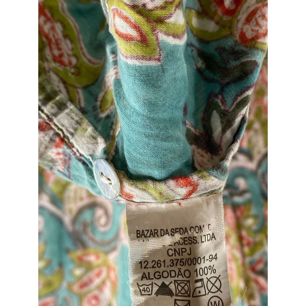KUNDALINI Women's Green-Tan Printed Henley Short Sleeve Ruffle Hem Dress SZ S