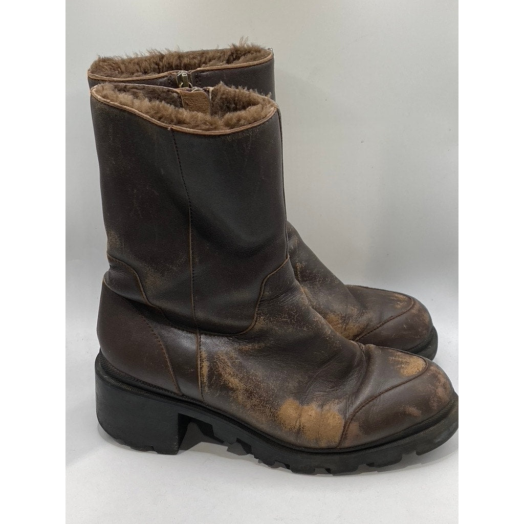 Women's Brown Leather Distressed Black Heel Mid-Calf Shearling Boots SZ 40(US10)