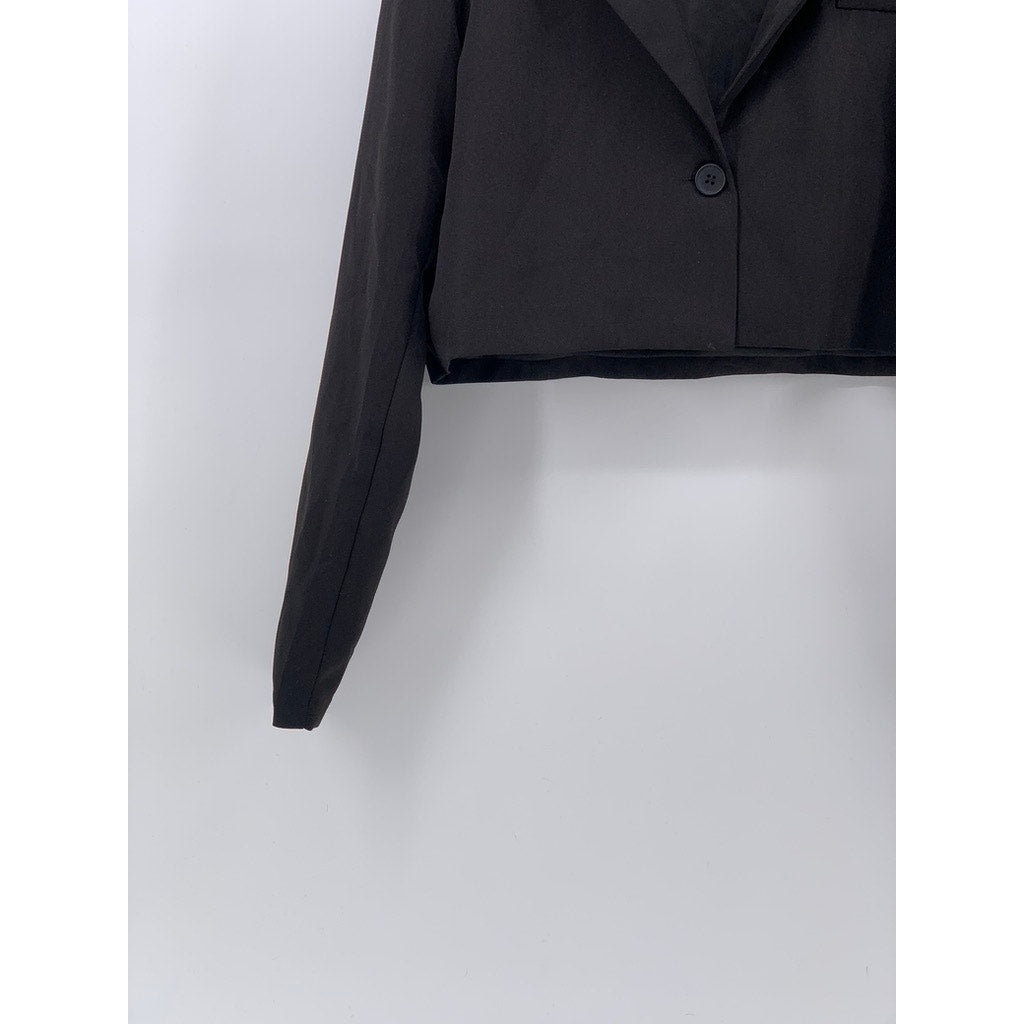 Women's Black Solid Single-Button Notch Collar Long Sleeve Cropped Blazer SZ S