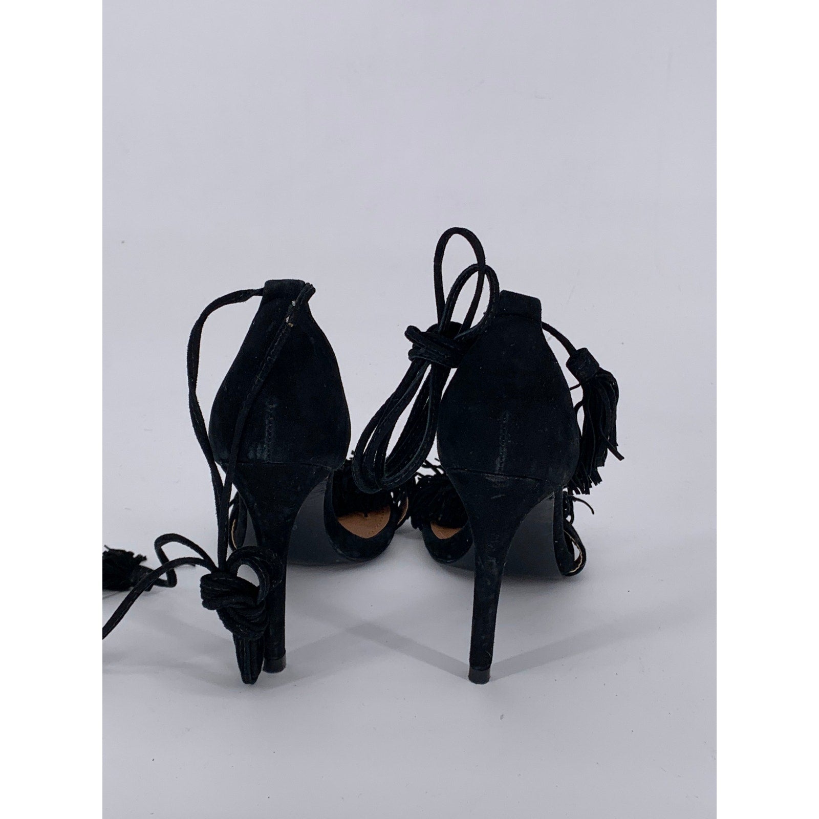 STEVE MADDEN Women's Black Leather Sassey Fringe Gladiator Stiletto Heels SZ 6.5