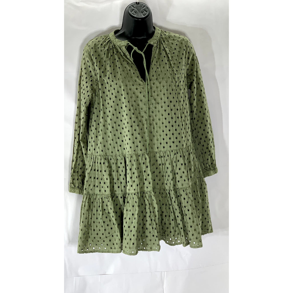 ASOS Women's Dark Green Eyelet Tie-Neck Long Sleeve Tiered Mini Dress SZ 2