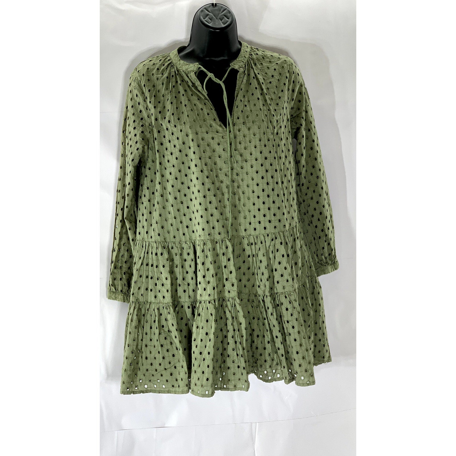 ASOS Women's Dark Green Eyelet Tie-Neck Long Sleeve Tiered Mini Dress SZ 2