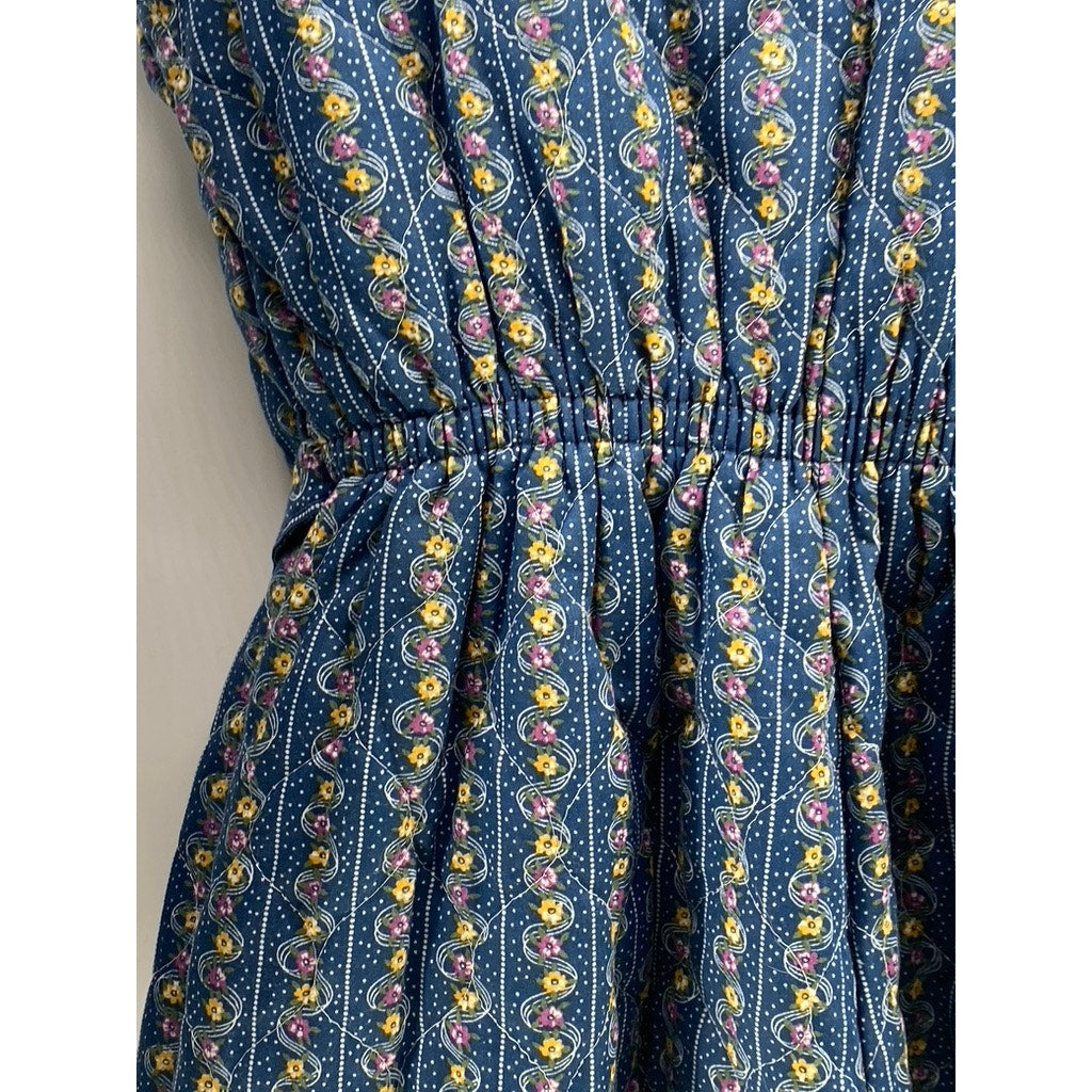 LILLIAN LOROW Women's Blue 1970's Liberty Floral Quilted Belted Jumpsuit SZ S