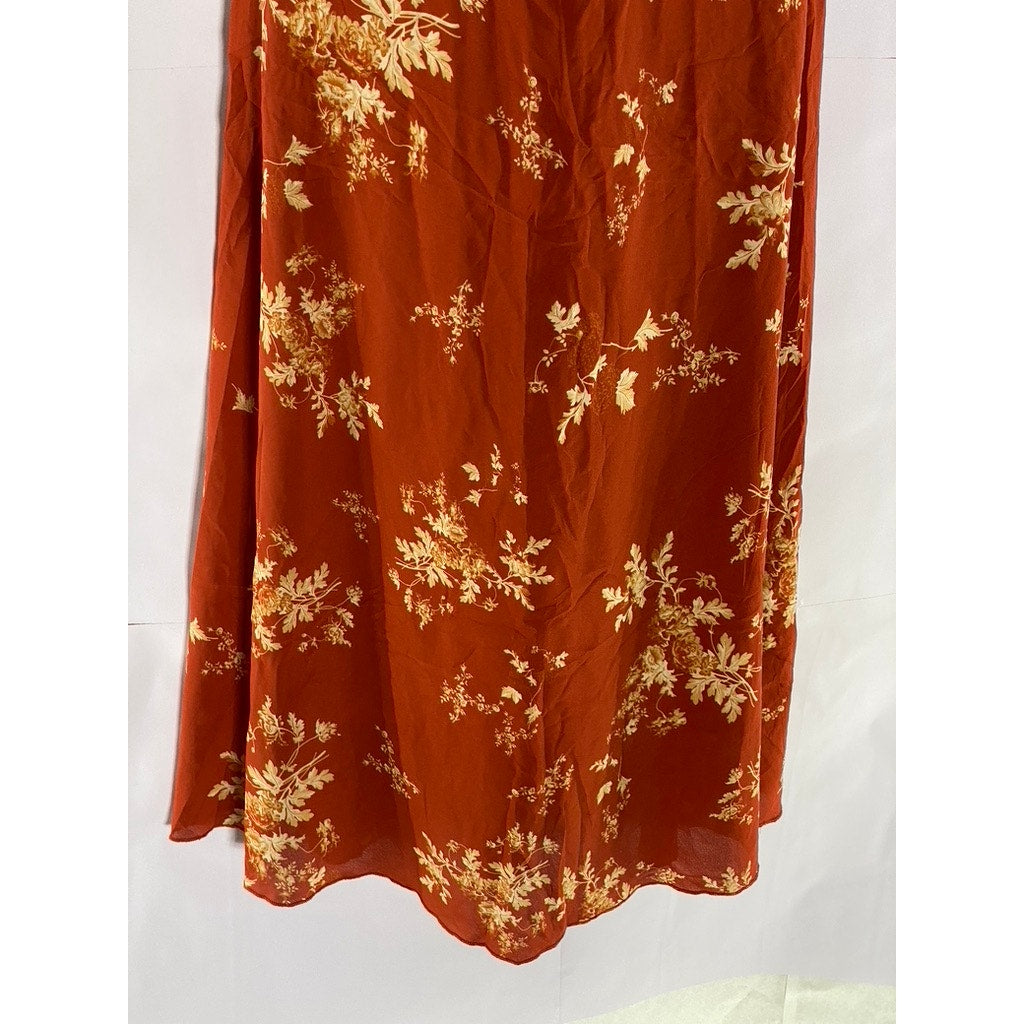 SIMPLE RETRO Women's Red Satin Floral Tall Strappy V-Neck Midi Dress SZ S