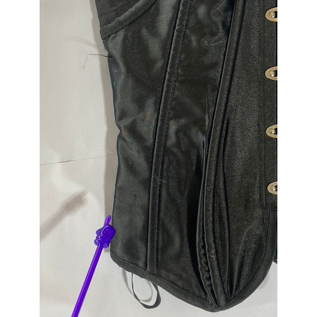 UNBRANDED Women's Black Satin Strapless Lace-Up Back Hook Front Corset Top SZ L
