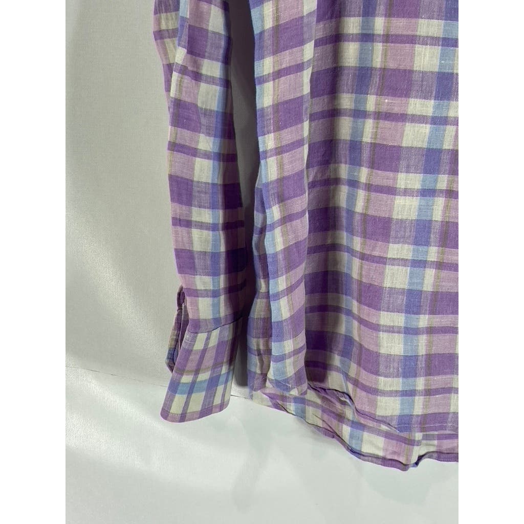 SAKS FIFTH AVENUE Men's Purple/Blue Plaid Linen Button-Up Long Sleeve Shirt SZ M