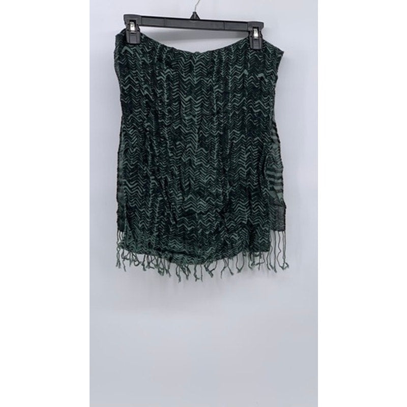 UNBRANDED Women's Black-Green Herringbone-Striped Fringe Knit Scarf