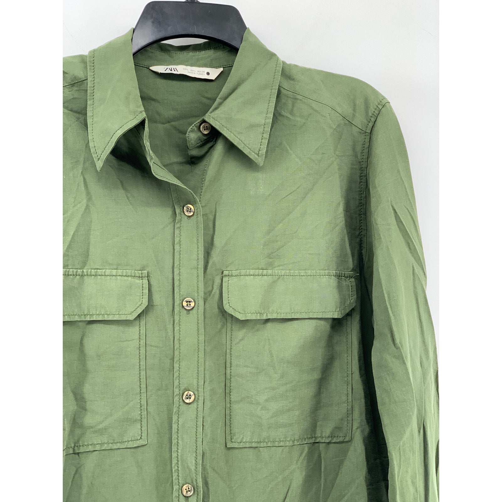ZARA Women's Olive Green Button-Up Long Sleeve Regular-Fit Top SZ L