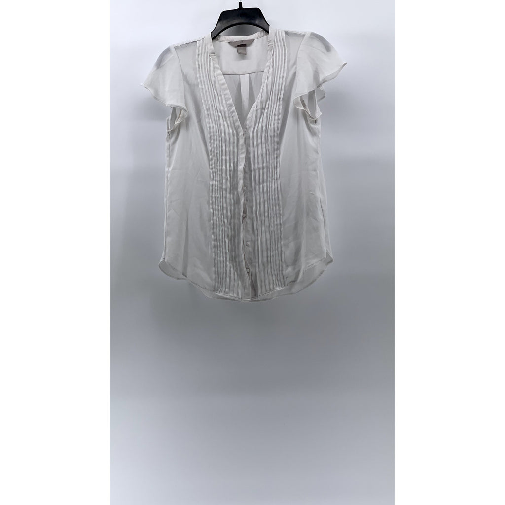 H&M Women's White Pleated Button-Up Short Flutter Sleeve Semi Sheer Top SZ 4