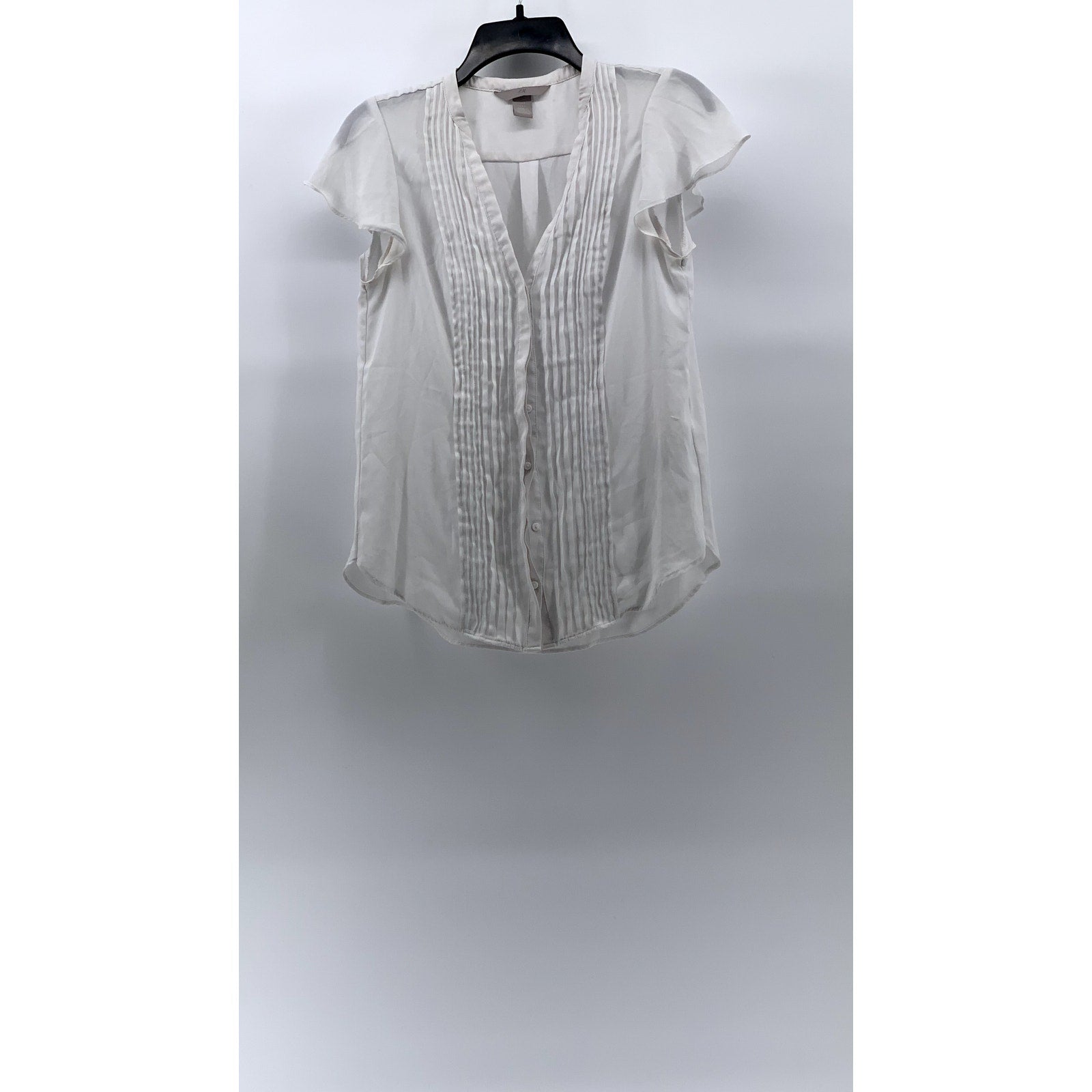 H&M Women's White Pleated Button-Up Short Flutter Sleeve Semi Sheer Top SZ 4