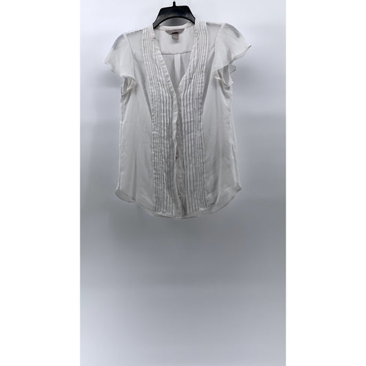 H&M Women's White Pleated Button-Up Short Flutter Sleeve Semi Sheer Top SZ 4