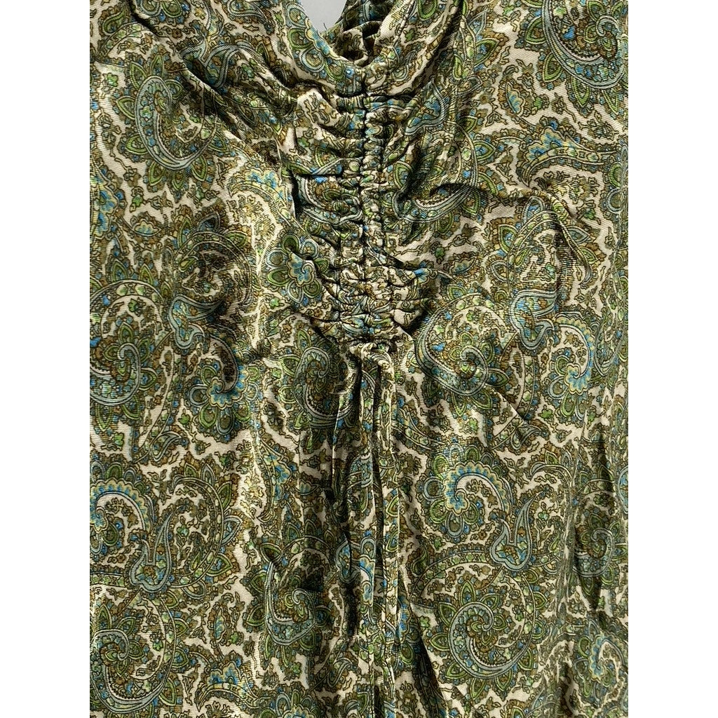 ZARA Women's Green Printed Ruched V-Neck Spaghetti Strap Mini Dress SZ M