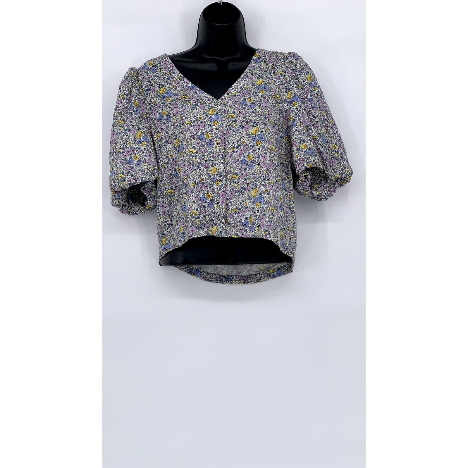 LEVI’S Women’s White Floral Print Button-Up Short Puff Sleeve Crop Top SZ M