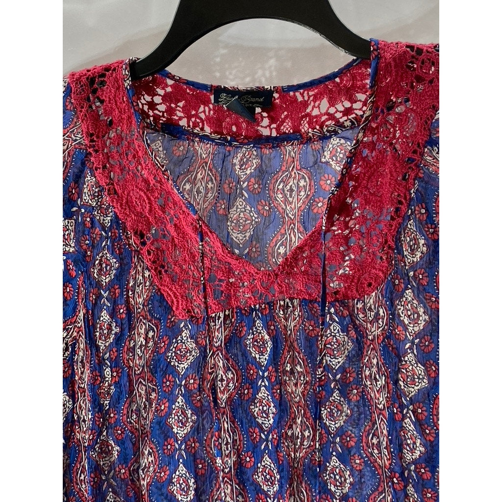 LUCKY BRAND Women’s Navy Crochet Knit 3/4 Cinched Sleeve Sheer Floral Top SZ M