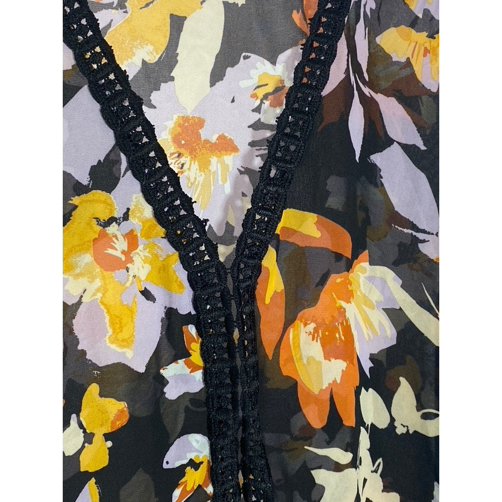 SEA ANGEL Women's Black Floral Sheer Crochet-Trim Fringe Over Shirt SZ M