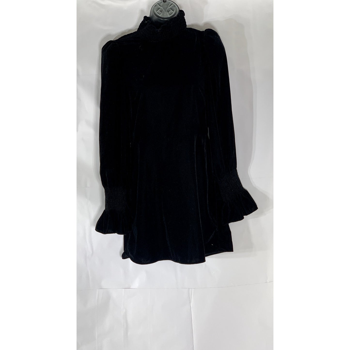 ZARA Women's Black Velvet Mock-Collar Long Bell Sleeve Mini Dress SZ XS