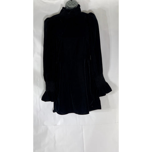 ZARA Women's Black Velvet Mock-Collar Long Bell Sleeve Mini Dress SZ XS