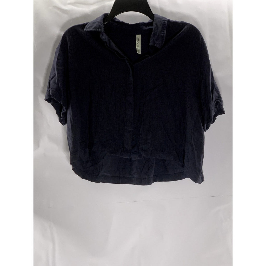 RVCA Women's Black Striped/Dot Button-Up Short Sleeve Crop Top SZ M