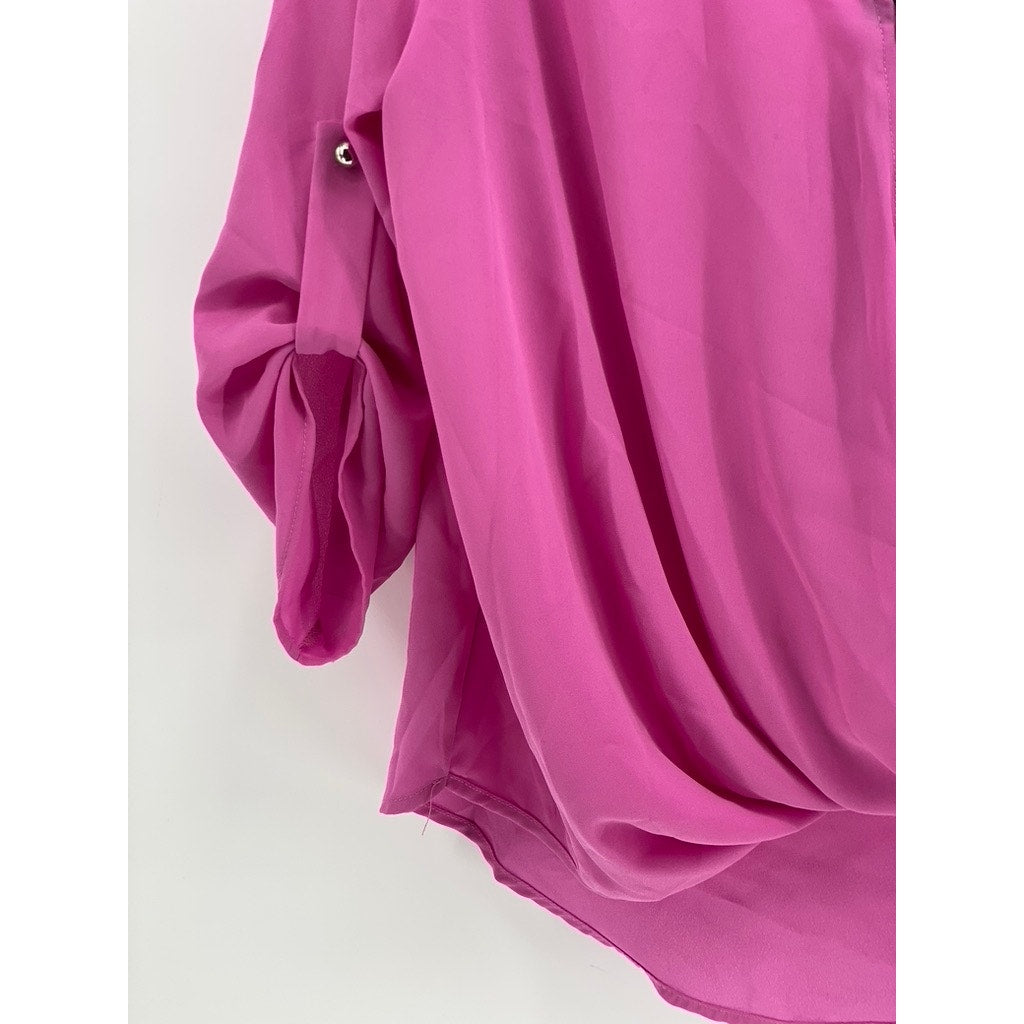 WINDSOR Women's Hot Pink Flowy Draped Long Sleeve Blouse Top SZ L
