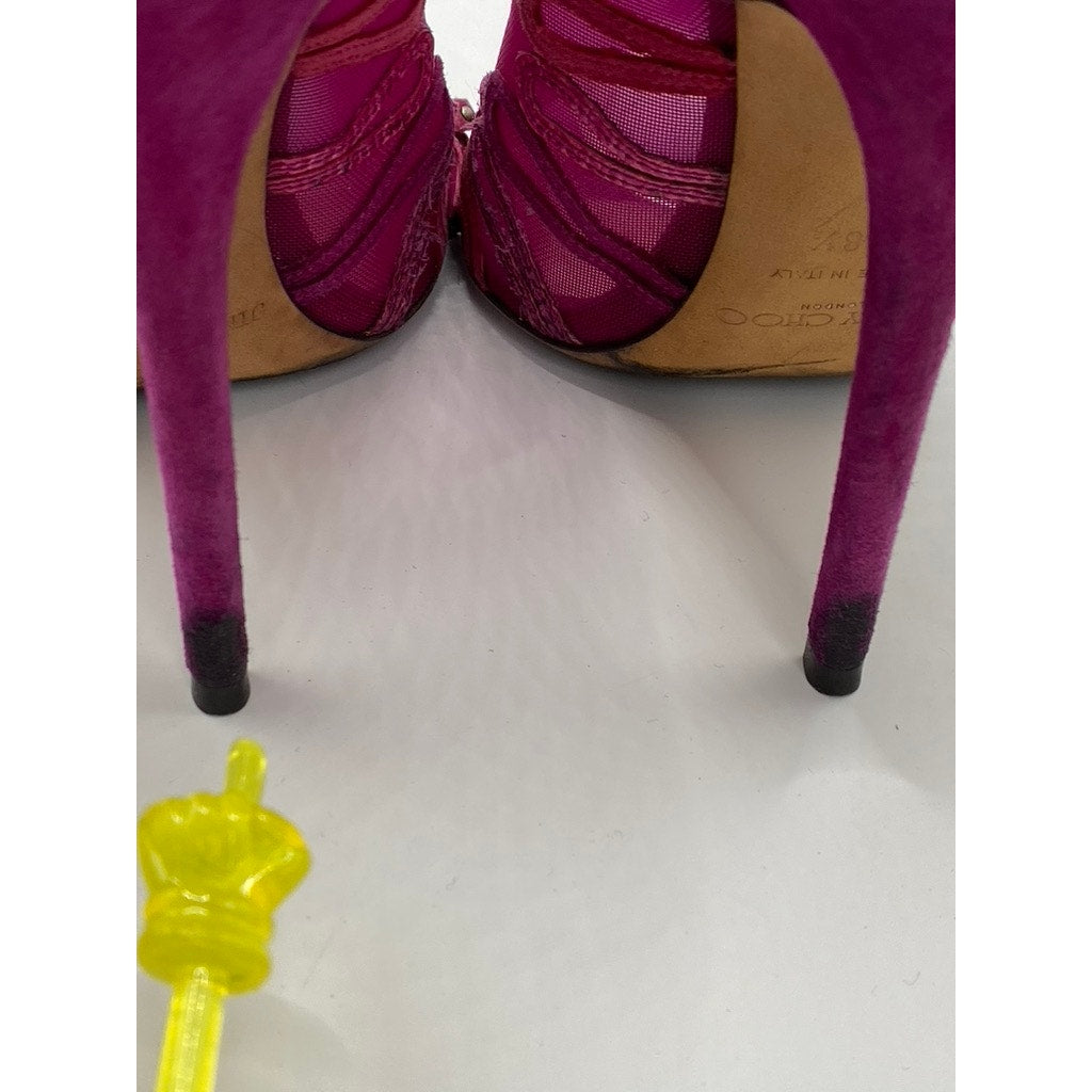 JIMMY CHOO Women's Magenta Kafira Mesh Peep-Toe Stiletto Booties SZ 38.5(US8.5)