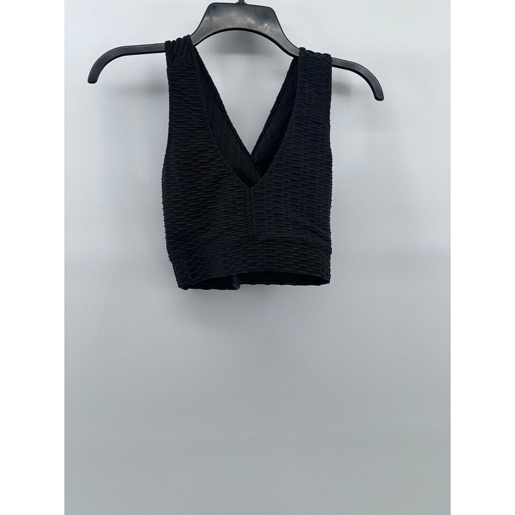 FOREVER 21 Women's Blac Textured V-Neck Cross Back Cropped Top SZ M