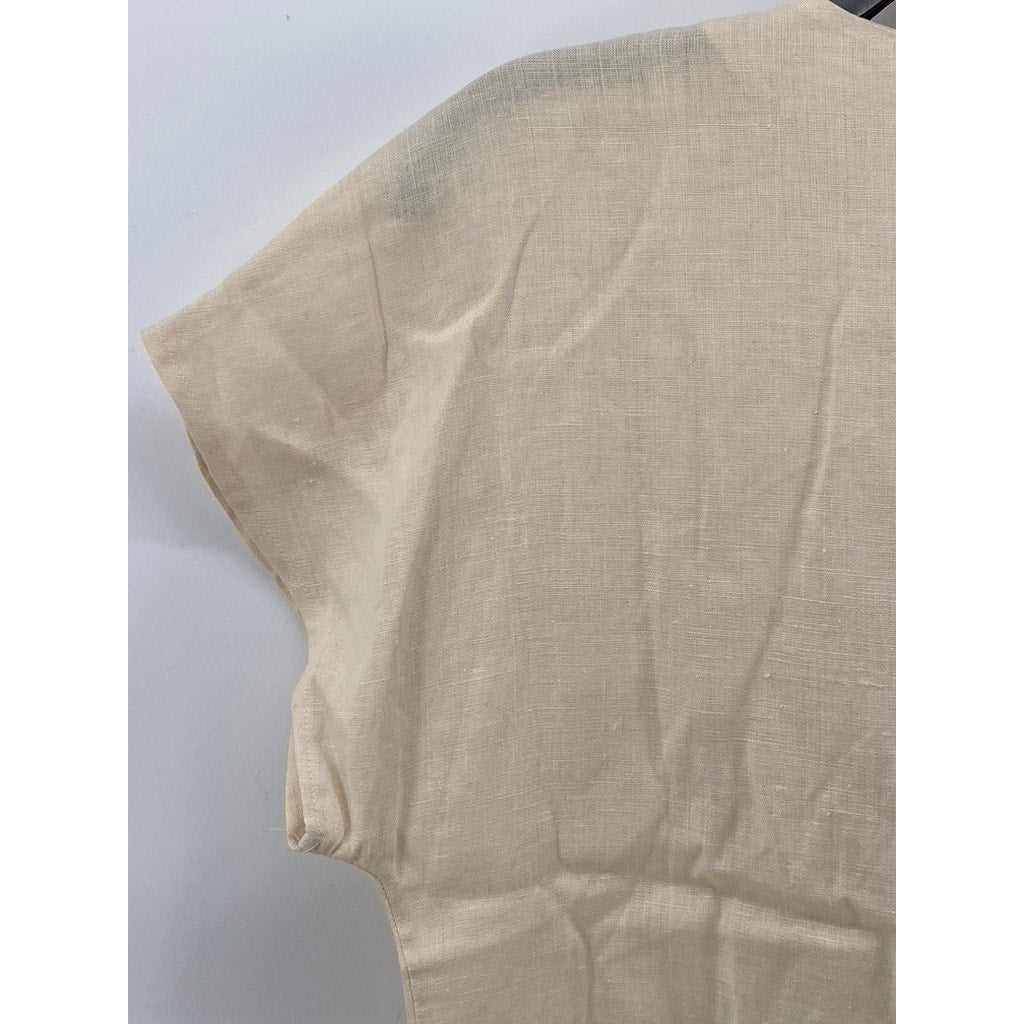 UNBRANDED Women's Beige Linen Short Sleeve Button-Up Top SZ 4