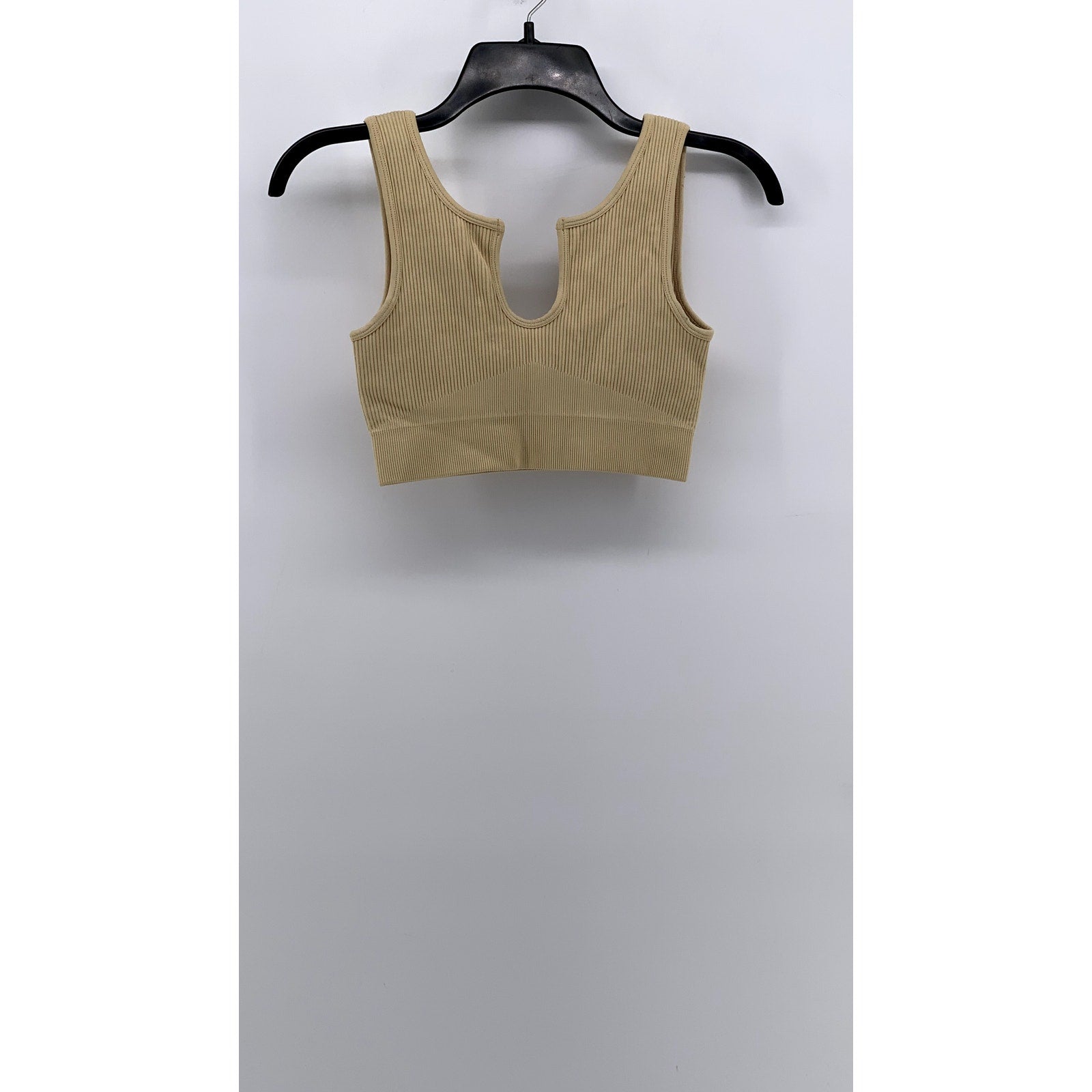 UNBRANDED Women's Tan Split Neck Ribbed Crop Top SZ S