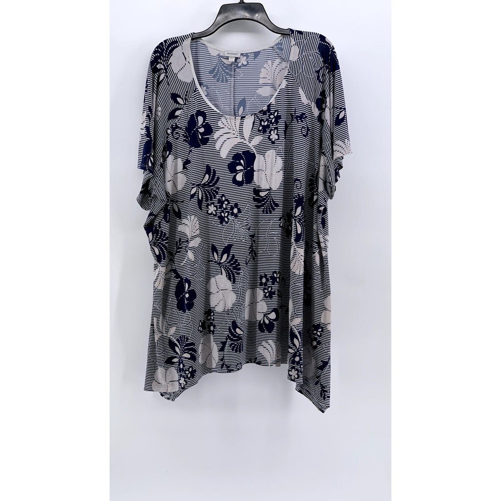 AVENUE Women's Plus Navy Floral Striped Scoop-Neck Short Sleeve Top SZ 26/28