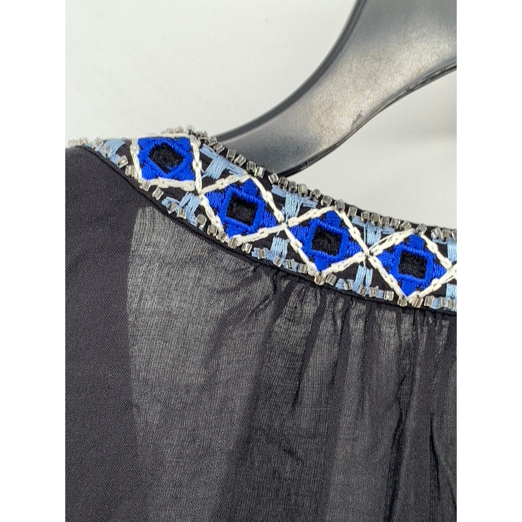 PARKER Women's Black-Blue Boho Beaded Split Tie Neck Long Sleeve Top SZ XS